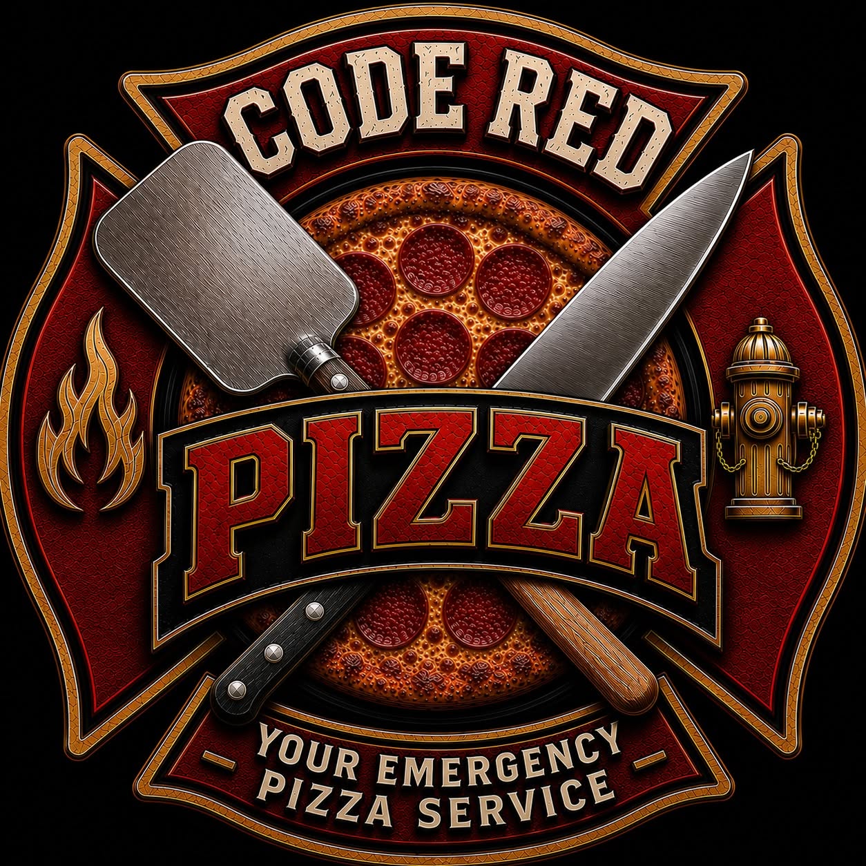 Code Red Pizza logo: a firefighter's Maltese cross with a crossed pizza cutter and chef's knife over a pepperoni pie, reading Your Emergency Pizza Service