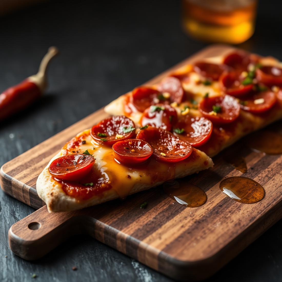 Slices of Code Red pizza with cup-and-char pepperoni and hot honey on a wooden board