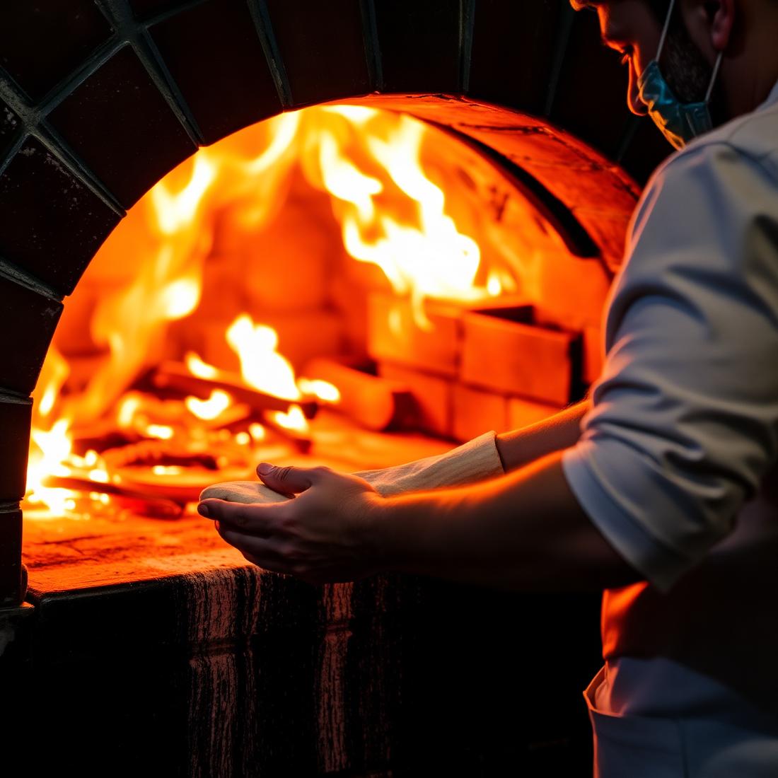 Pizzaiolo working dough at the mouth of a roaring wood-fired oven at night
