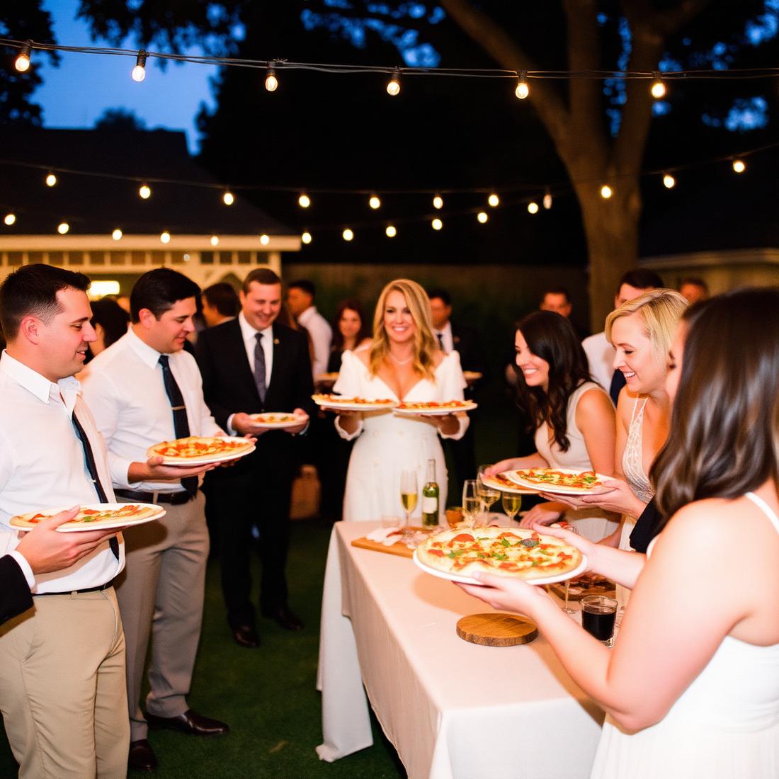 Wedding guests holding plates of wood-fired pizza under string lights at dusk