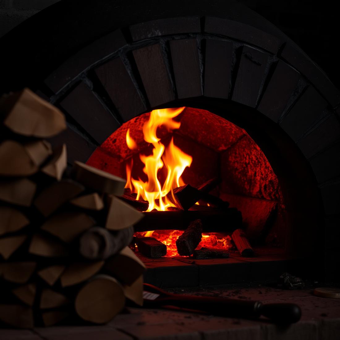 Split oak firewood stacked beside the glowing brick oven and open flame