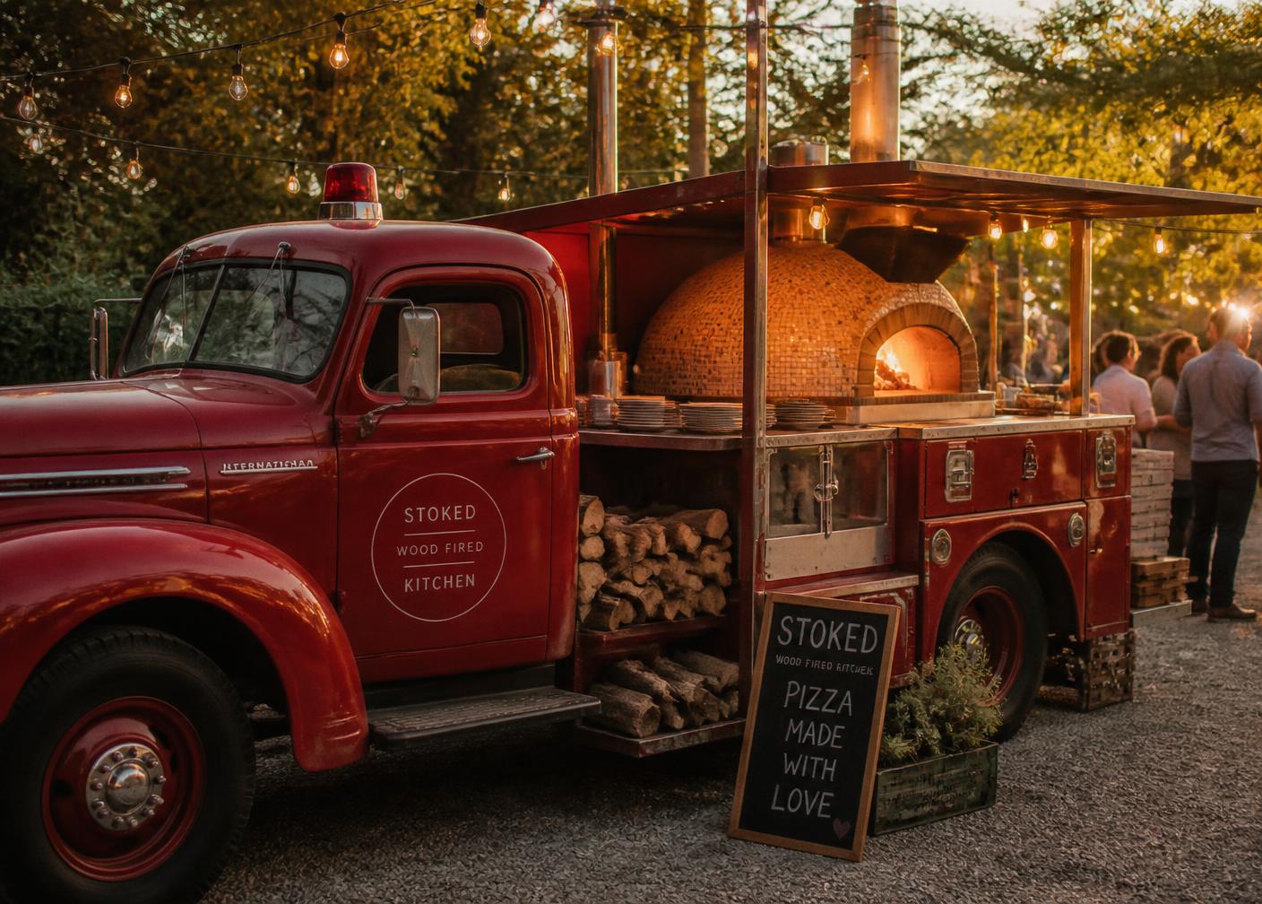 Code Red's red fire truck with its wood-fired dome oven set up at an evening event